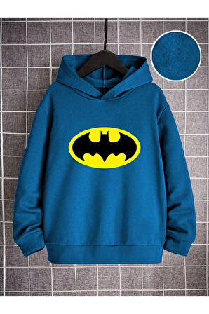 Pamuklu Erkek Çocuk Kapüşonlu Sweatshirt İki İplik Şardonlu Batman Logo Baskılı