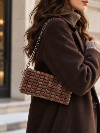 Mocha Charm – Kahverengi Kadife Dokulu Boncuklu Kadın Omuz Çantası
