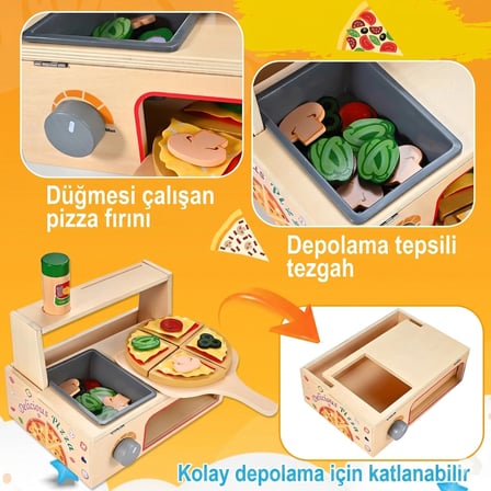 Limon Dekor Ahşap Oyuncak Pizza Fırını Oyun Seti Çok Renkli