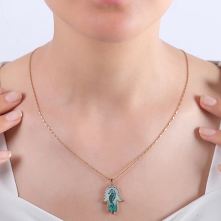 0.17 Karat Pırlanta Denizatı Desenli Kolye, Doğal Pırlanta, Mücevher Sertifikalı, Sarı Altın