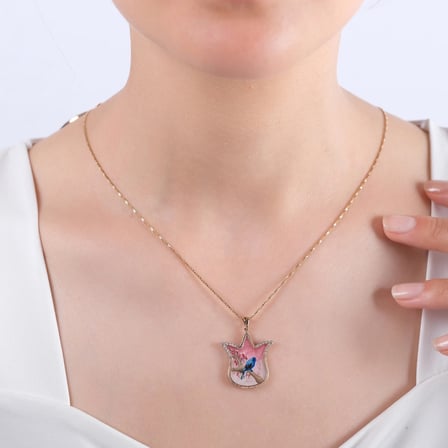 0.15 Karat Pırlanta Kuş Desenli Kolye, Doğal Pırlanta, Mücevher Sertifikalı, Sarı Altın