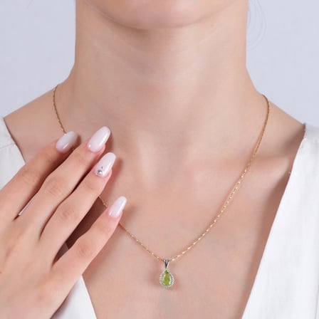1.03 Karat Pırlanta Peridot Kolye, Doğal Pırlanta, Mücevher Sertifikalı, Sarı Altın