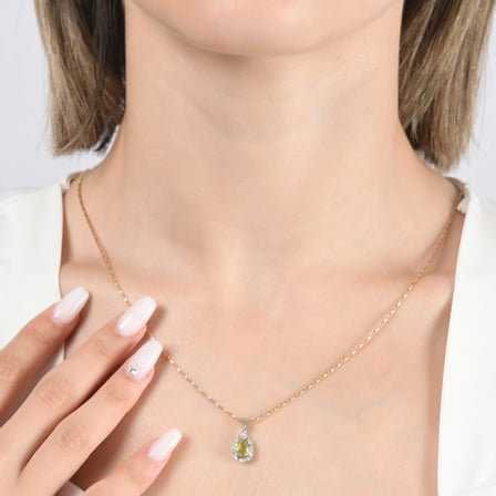 1.04 Karat Pırlanta Peridot Kolye, Doğal Pırlanta, Mücevher Sertifikalı, Beyaz Altın