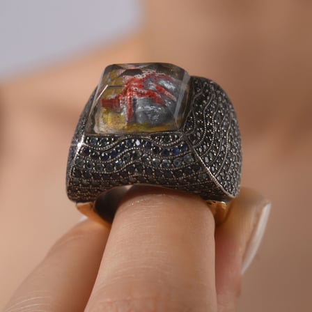 6.00 Karat Siyah Pırlanta Safir Yüzük, Deniz Yıldızı Motifli, Doğal Pırlanta, Sertifikalı Mücevher, Altın