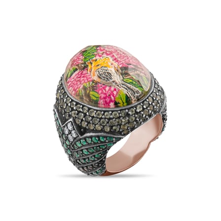 2.63 Karat Pırlanta Zümrüt Yüzük, Kuş Motifli, Doğal Pırlanta, Sertifikalı Mücevher, Rose Altın