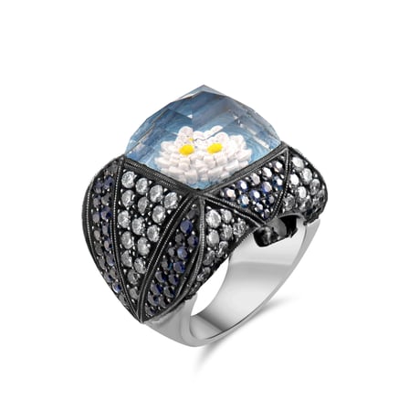 4.73 Karat Pırlanta Safir Yüzük, Çiçek Motifli, Doğal Pırlanta, Sertifikalı Mücevher, Beyaz Altın