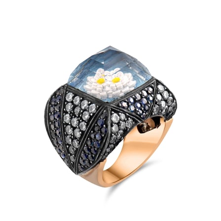 4.73 Karat Pırlanta Safir Yüzük, Çiçek Motifli, Doğal Pırlanta, Sertifikalı Mücevher, Sarı Altın