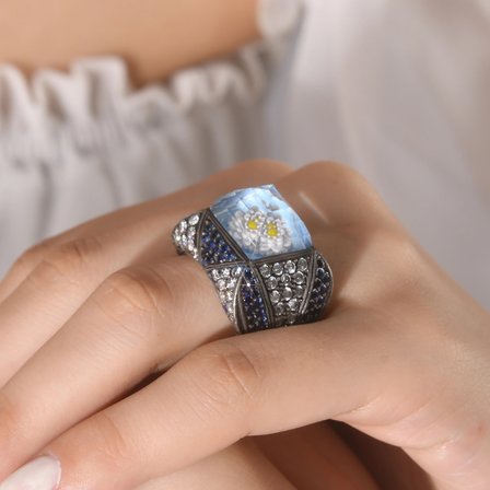 4.73 Karat Pırlanta Safir Yüzük, Çiçek Motifli, Doğal Pırlanta, Sertifikalı Mücevher, Sarı Altın
