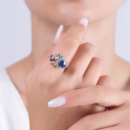 3.71 Karat Pırlanta Safir ve Turmalin Yüzük, Doğal Pırlanta, Sertifikalı Mücevher, Rose Altın