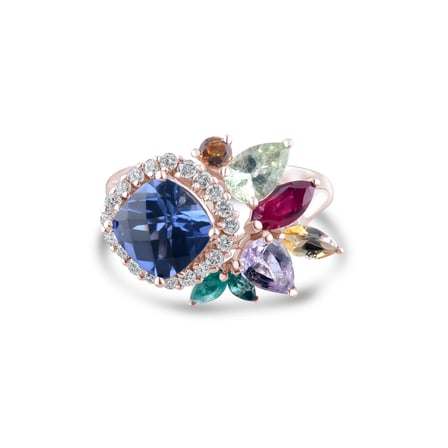 3.71 Karat Pırlanta Safir ve Turmalin Yüzük, Doğal Pırlanta, Sertifikalı Mücevher, Rose Altın