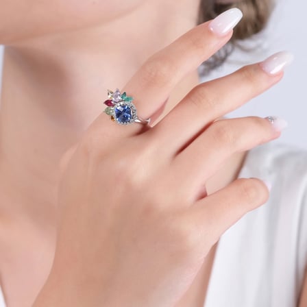 3.71 Karat Pırlanta Safir ve Turmalin Yüzük, Doğal Pırlanta, Sertifikalı Mücevher, Rose Altın
