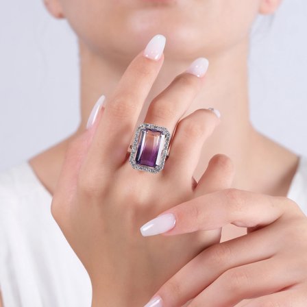 14.46 Karat Pırlanta Ametist Yüzük, Doğal Pırlanta, Sertifikalı Mücevher, Rose Altın