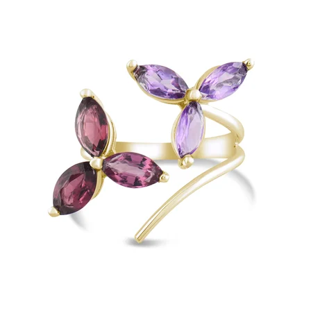 5.70 Karat Ametist Rhodolite Yüzük, Doğal Taş, Sertifikalı Mücevher, Sarı Altın
