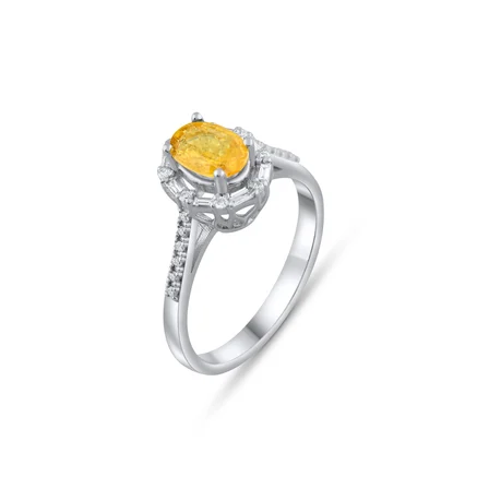 1.04 Karat Baget Pırlanta Sarı Safir Yüzük, Doğal Pırlanta, Sertifikalı Mücevher, Beyaz Altın