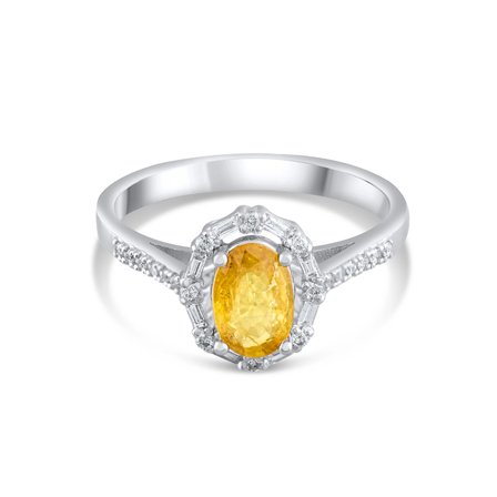 1.04 Karat Baget Pırlanta Sarı Safir Yüzük, Doğal Pırlanta, Sertifikalı Mücevher, Beyaz Altın