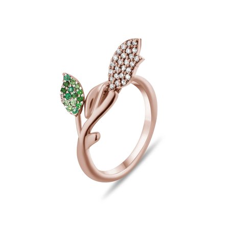 0.36 Karat Pırlanta Zümrüt Yüzük, Yaprak Figürlü, Doğal Pırlanta, Sertifikalı Mücevher, Rose Altın
