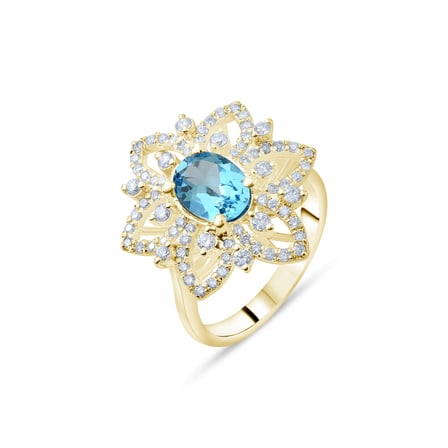 4.50 Karat Pırlanta Blue Topaz Yüzük, Doğal Pırlanta, Sertifikalı Mücevher, Sarı Altın