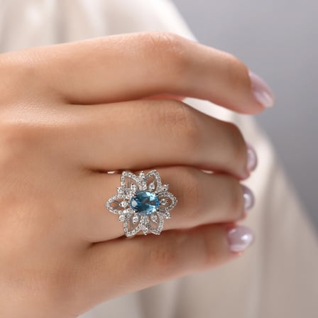 4.50 Karat Pırlanta Blue Topaz Yüzük, Doğal Pırlanta, Sertifikalı Mücevher, Sarı Altın