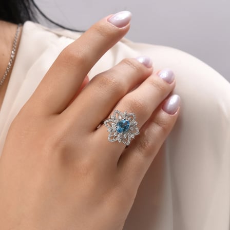 4.50 Karat Pırlanta Blue Topaz Yüzük, Doğal Pırlanta, Sertifikalı Mücevher, Sarı Altın