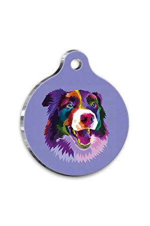 Pop Art İllüstrasyon Border Collie Yuvarlak Köpek Künyesi Large 3,8 cm