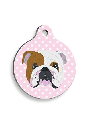Pembe Puantiyeli English Bulldog Yuvarlak Köpek Künyesi Large: 3,8 cm.