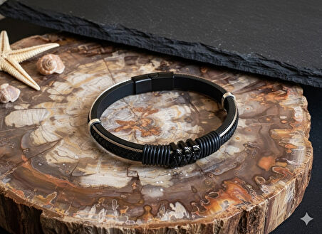 Deri Kordonlu Seramik Taşlı Siyah Erkek Bileklik