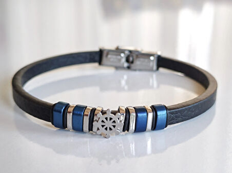 Deri Kordonlu Seramik Taşlı Gemici Dümenli Lüks Erkek Bileklik