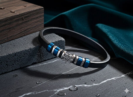 Deri Kordonlu Seramik Taşlı Gemici Dümenli Lüks Erkek Bileklik