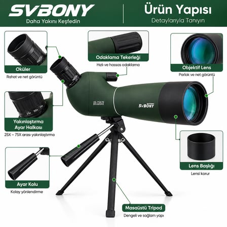 Luve Store SVBONY SV28 25-75x70 Monoküler Teleskop 75x Zoom Kuş ve Doğa Gözlem Dürbünü Tripod ve Telefon Tutuculu