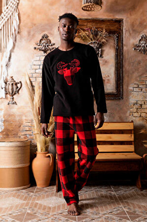 Kışlık Baba Oğul Polar Pijama Takımı -Geyikli Yılbaşı Aile Pijaması- Tek Adet 