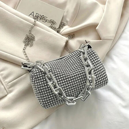 Elegant Rhinestone Omuz Çantası, Abiye Trendy Zincir Crossbody Çanta