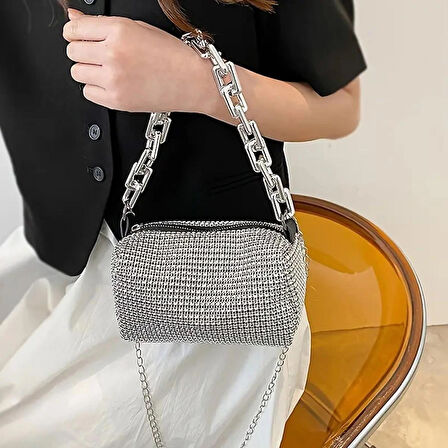 Elegant Rhinestone Omuz Çantası, Abiye Trendy Zincir Crossbody Çanta