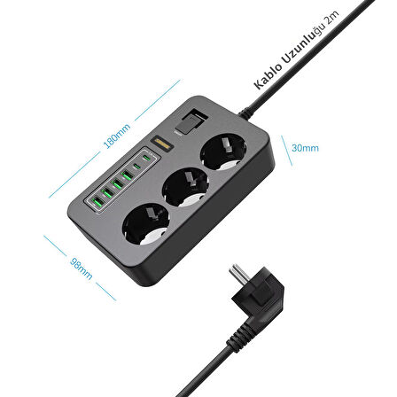 3'lü Akım Korumalı Grup Priz - Çocuk Korumalı 4USB 2 TYPE-C Portlu