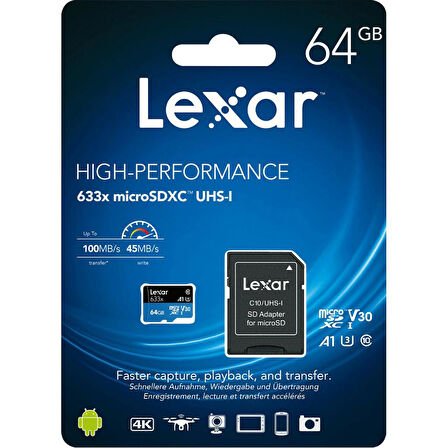 Lexar 64GB 5'li Paket 633X 100MB/s MicroSDXC Hafıza Kartı