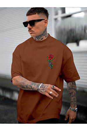 Unisex Red Flowers Baskılı Tshirt