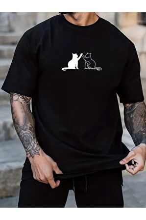 Unisex Black-White Cats Baskılı Tshirt