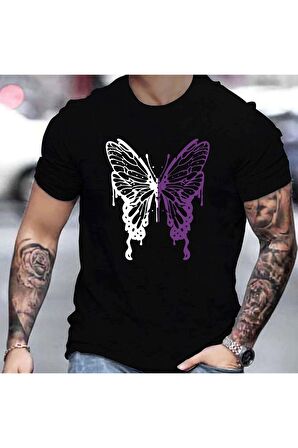 Unisex Mor Kelebek Kanadı Baskılı Sweatshirt