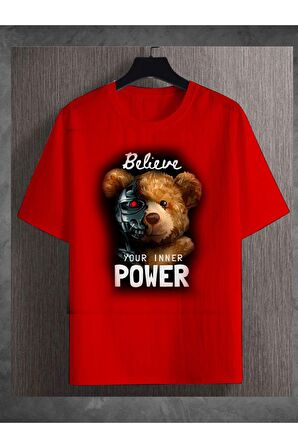 Unisex Power Yazılı Bear Baskılı Tshirt
