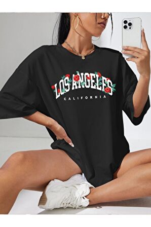 Unisex Los Angeles Yazılı Flowers Baskılı Tshirt