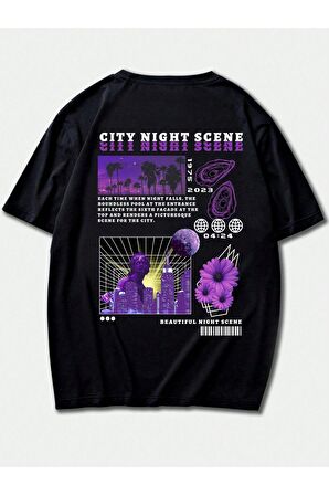 Unisex City Night Scene Yazılı Tshirt