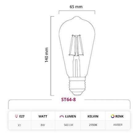 8W ST64 Rustik LED Ampul ST64-8 10'lu Paket