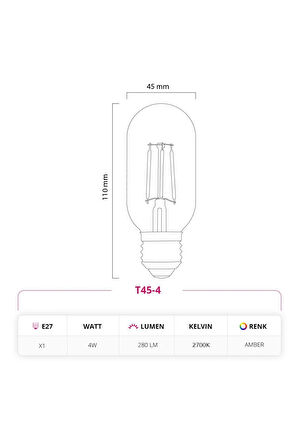 LED LAMP 4w 220v E27 Gemici Rustik Led Ampul T45-4 10'lu Paket