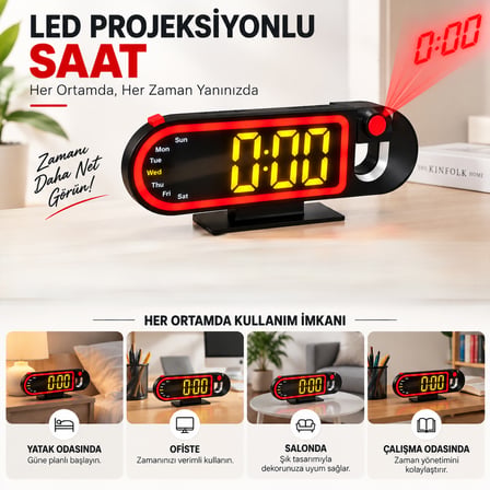 LED PROJEKSİYON SAAT DİJİTAL  LED EKRAN ALARM FONKSİYONU SAATİ DUBARINIZA YANSITIN