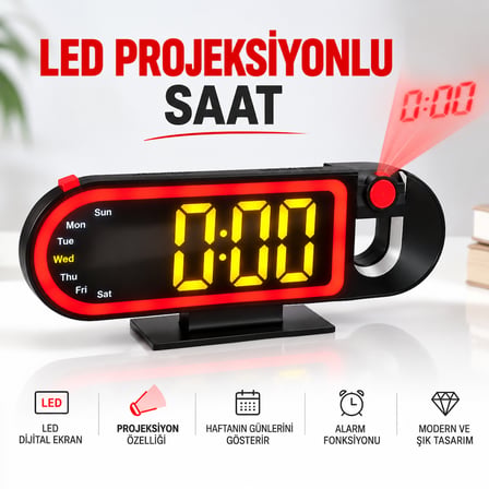 LED PROJEKSİYON SAAT DİJİTAL  LED EKRAN ALARM FONKSİYONU SAATİ DUBARINIZA YANSITIN