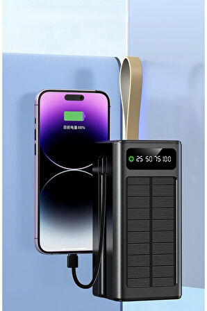 Solar 50.000 Mah Güneş Enerjili Led Işıklı Powerbank Şarj Aleti 4xUsb Çıkış Çoklu Şarj Çıkışı Kablo