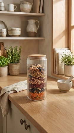 Bambu Vakum Kapaklı Cam Saklama Kabı 1350 ML | Fitilli Cam Kavanoz Kuru Gıda Saklama Kabı