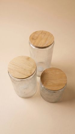 3’lü Bambu Vakum Kapaklı Cam Saklama Kabı Seti 1000 ML 1500 ML 2000 ML | Fitilli Cam Kavanoz
