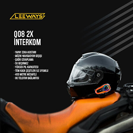 LEEWAYS Q08 2X 1000m Telsiz Mesafeli Özellikli 2 Kişi Bağlantılı Bluetooth Kask Kulaklık Ekranlı Fenerli Interkom