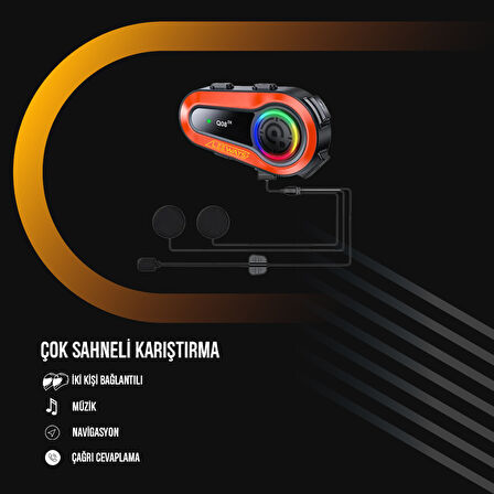 LEEWAYS Q08 2X 1000m Telsiz Mesafeli Özellikli 2 Kişi Bağlantılı Bluetooth Kask Kulaklık Ekranlı Fenerli Interkom