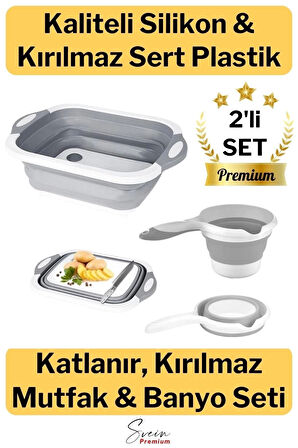 Çok Amaçlı Premium Katlanır Kesme Tahtası Tıpalı Yıkama Leğeni Badya ve Koçero Su Maşrapası 2li Set